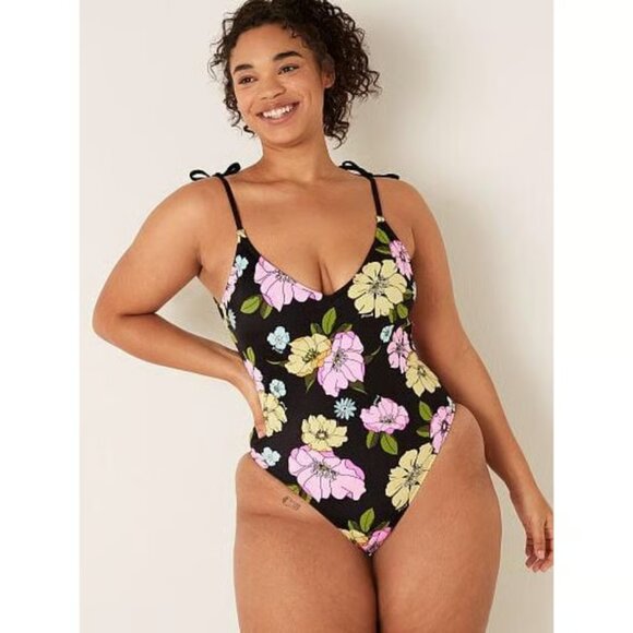 Pink Victoria’s Secret Plunge One-Piece Swimsuit Black Floral Size L NWOT - Picture 1 of 3